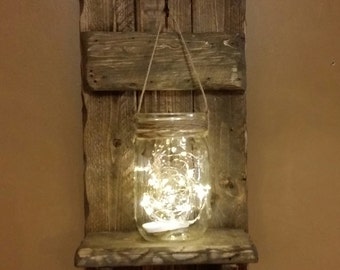 Portavelas rústico de madera, aplique de tarro Mason, decoración de estilo granja.