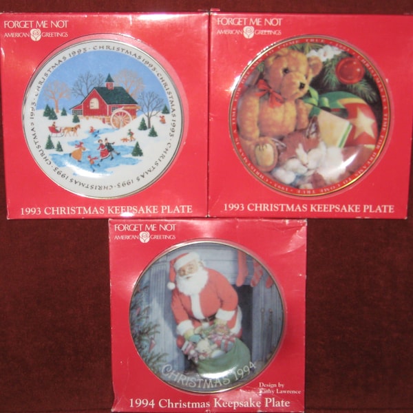 Vintage Lot Set of 3 American Greetings 1993 and 1994 Christmas Keepsake Plates Forget Me Not