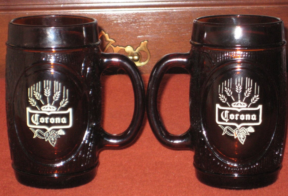 2 Corona Beer Mugs Vintage Corona Brown Glass Embossed Beer Etsy
