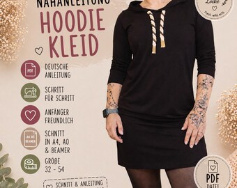 SCHNITTMUSTER Oversized Kleid – Groessen 32 bis 46 – Hoodie Kleid oder Rundhals oder One Shoulder – Einfaches Naehprojekt – Digital
