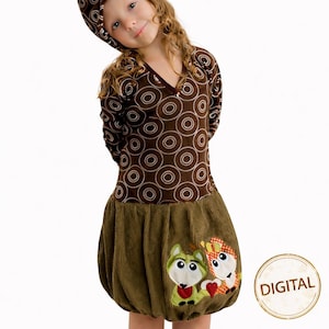 レンチェンドレスの縫製パターン • サイズ 80–134 • Vネックまたはボタン前立て • フリルスカートまたはバルーンスカート • PDF A4