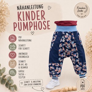 May include: A pair of children's harem pants with a floral pattern, featuring a dark blue base and a light blue waistband. The image includes text in German, indicating a sewing pattern for the pants, and a PDF download option.