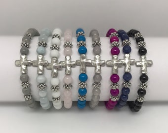 Beaded Gemstone Bracelet with Silver Cross