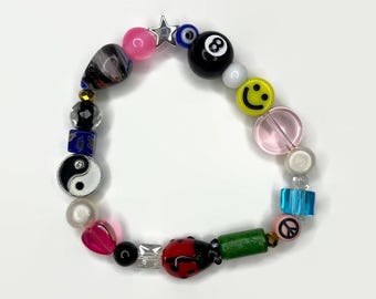 Eclectic Bead Bracelet, Smiley Face, Yin Yang, Evil Eye