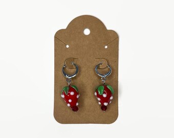 Glass Strawberry Huggie Dangle Earrings