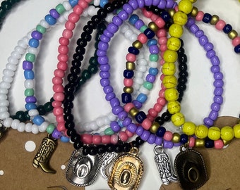 Cowgirl Beaded Bracelet with Boots or Hat Charm