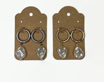 Large Gold Pearl Huggie Dangle Earrings