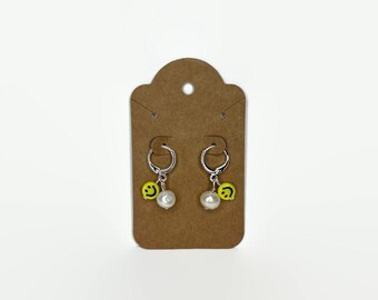 Smiley Face Pearl Huggie Dangle Earrings