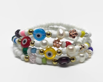 Pearl Evil Eye Bracelet with Color Options