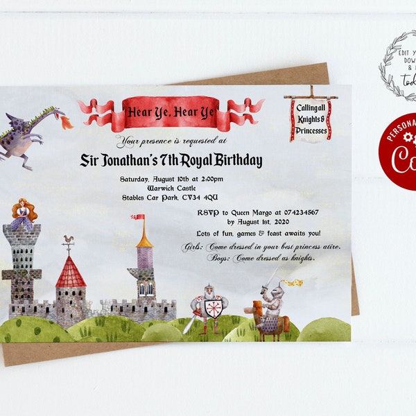 Editable Knights and Dragon Birthday Invitation, Knights and Princesses, Royal Birthday, Castle Invite, Boy Birthday, Pintable, Corjl, KPD1