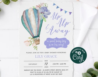 Hot Air Balloon Boy Baby Shower Invitation, Up Up And Away, Hot Air Balloon Baby Shower Theme, Blue, Printable Invitation, Corjl, HAB1