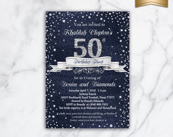 Denim And Pearls Invitation Edit Yourself Template Shiny Etsy