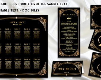 Art Deco Great Gatsby Inspired Microsoft\u00ae Word Format Black and Gold GG01 Wedding Seating Chart EDITABLE TEXT DOWNLOAD Instantly