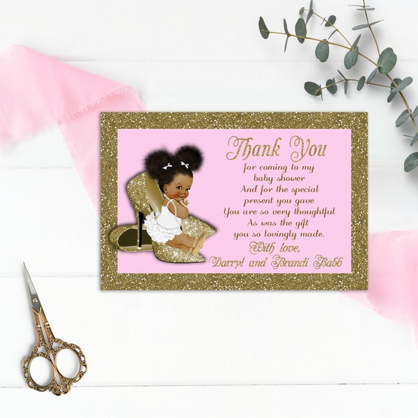 Printable Baby Shower Thank You Card, Little Princess, Royal Baby Shower, Baby Girl, African American, Pink Gold - Digital file, BS14