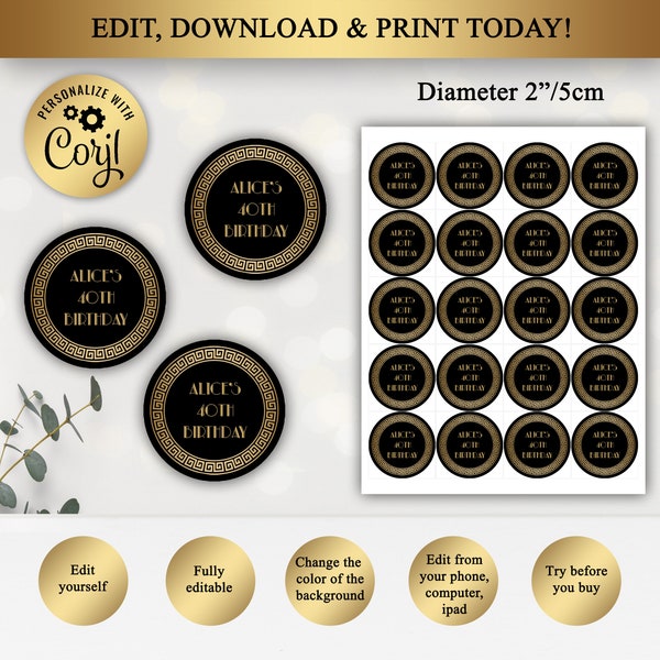 Great Gatsby Art Deco Cupcake Toppers, Stickers, Labels, Black and Gold, EDITABLE text, DOWNLOAD Instantly, Editable in Corjl, GG01