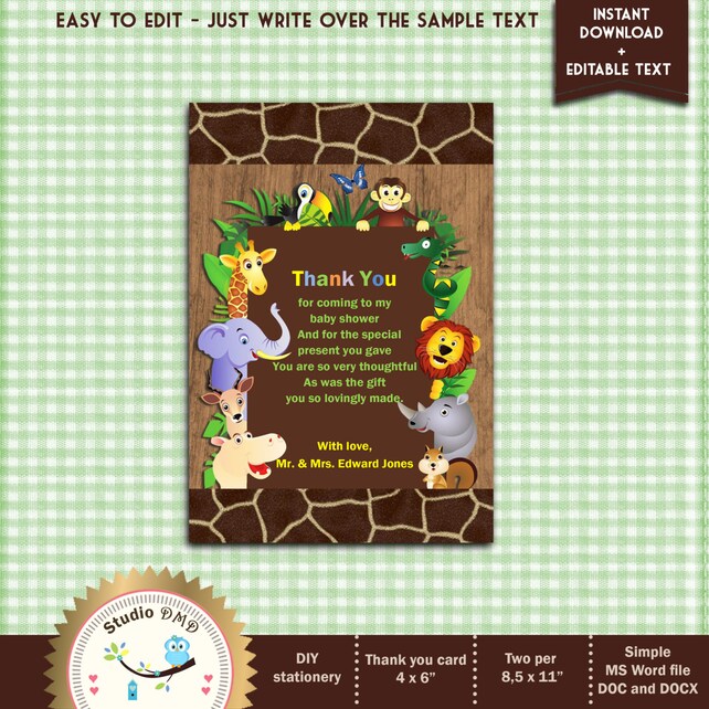 jungle animal safari thank you card baby shower thank you card how to make thank you cards on microsoft word
