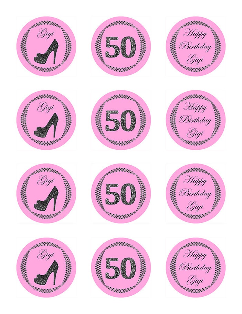Elegant Pink and Dark Grey Cupcake Toppers Printable Labels Stickers for Birthday Party \u2013 Digital file Milestone Crystal Shoe