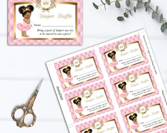 Printable Diaper Raffle Cards, Little Princess, Royal Baby Shower, Pink Gold, Baby Girl, African American - Instant Download, BSG05