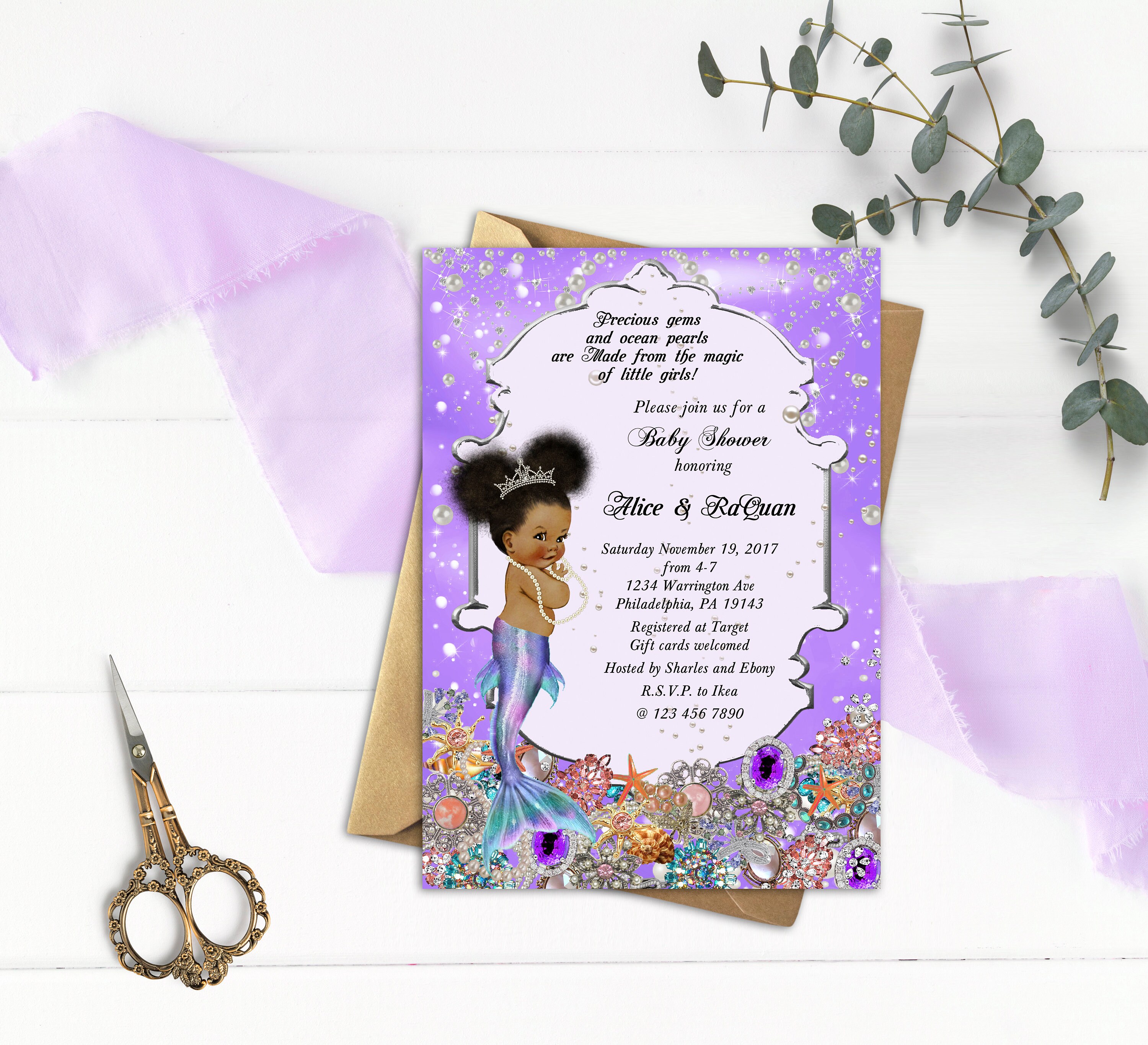 Mermaid Baby Shower Invitation Little Mermaid Baby Shower Invite Under the Sea Baby Girl Purple Printable Digital file BS16