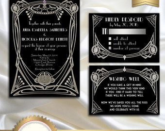 Great Gatsby Style Art Deco Wedding Invitation Suite with RSVP Card and Wishing Well, Black and Silver, 1920's, 20's Style - Printable, GG14