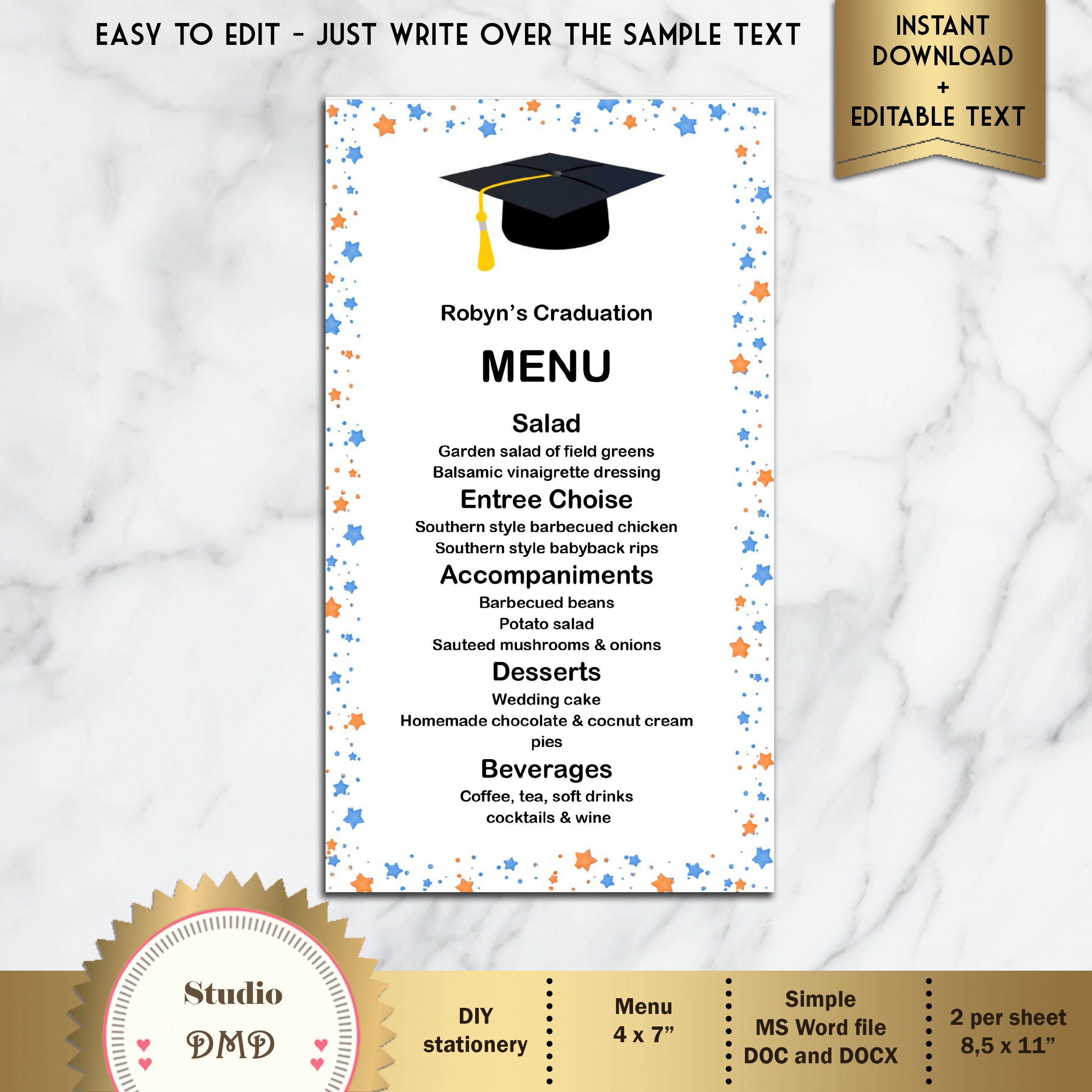 Printable Menu Card Template Graduation Dinner Menu Template Etsy