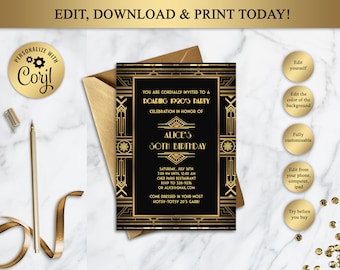 Great Gatsby Art Deco Birthday Invitation, 30th 40th 50th 60th 70th 80th 90th, Black and Gold, Editable in Corjl Instant Download, GG01