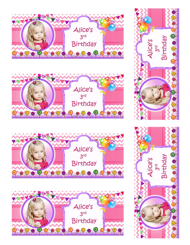 Birthday Party Favors \u2013 Digital file Personalized Bubble Bottle Labels With Photo Chevron Pink