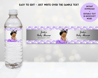 Printable Princess Baby Shower Water Bottle Labels Purple and Silver Bottle Labels, Digital File, EDITABLE text, Microsoft® Word Format PRP2
