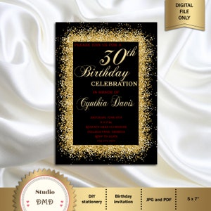 Elegant Black, Gold and Red Adult's Birthday Party Invitation 21st 30th 40th 50th 60th 70th 80th 90th or any age - Printable DIY