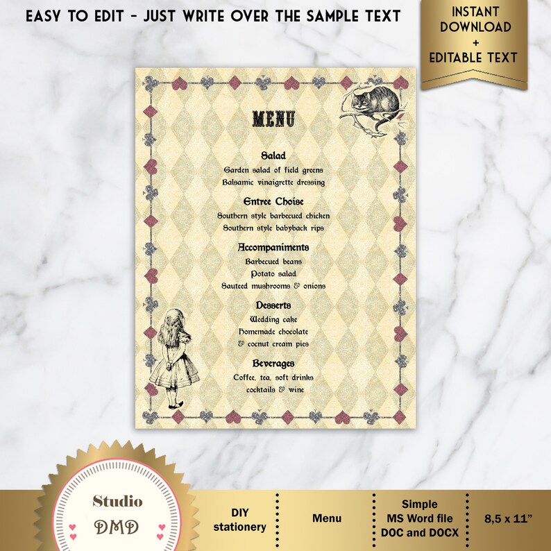 Printable Menu Card Template Alice in Wonderland Wedding | Etsy