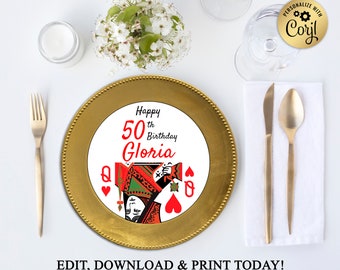 Printable Charger Plate Insert, Centerpiece, Casino Theme, Playing Cards, Poker, Queen of Hearts, Instant DOWNLOAD, EDITABLE In Corjl, WB36