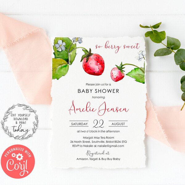Editable Strawberry Baby Shower Invite, Berry Sweet Shower, Berry Shower, Summer Baby Shower, Printable Invite Instant Download,  Corjl, BS1
