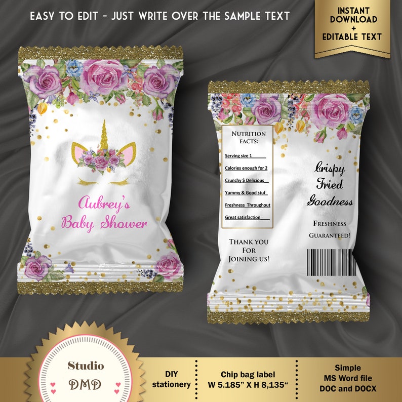 Baby Girl Unicorn Party DOWNLOAD Instantly Unicorn Baby Shower EDITABLE text in Word Printable Chip Bag Wrapper Labels BS42