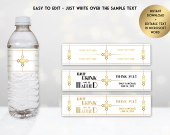 Printable Great Gatsby Style Art Deco Water Bottle Labels, Wedding - DOWNLOAD Instantly, EDITABLE TEXT, Microsoft® Word Format, GG06