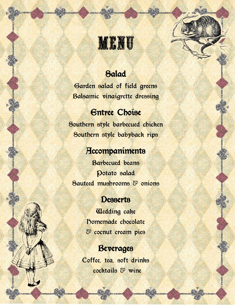 Printable Menu Card Template Alice in Wonderland Wedding Etsy Printable Menu Card Template Alice in Wonderland Wedding Etsy