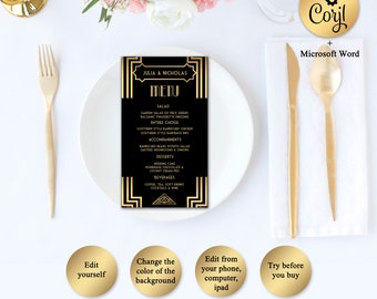 Printable Menu Template, Art Deco Great Gatsby Inspired, Wedding menu, Black and Gold - EDITABLE in Corjl and Microsoft® Word Format, GG01