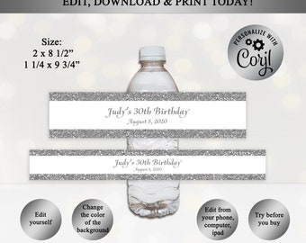 Water Bottle Label, Birthday Party Decoration, White And Silver Glitter, Bottle Water Wrapper, Sweet 16, 30th 40th, Editable In Corjl, WB29