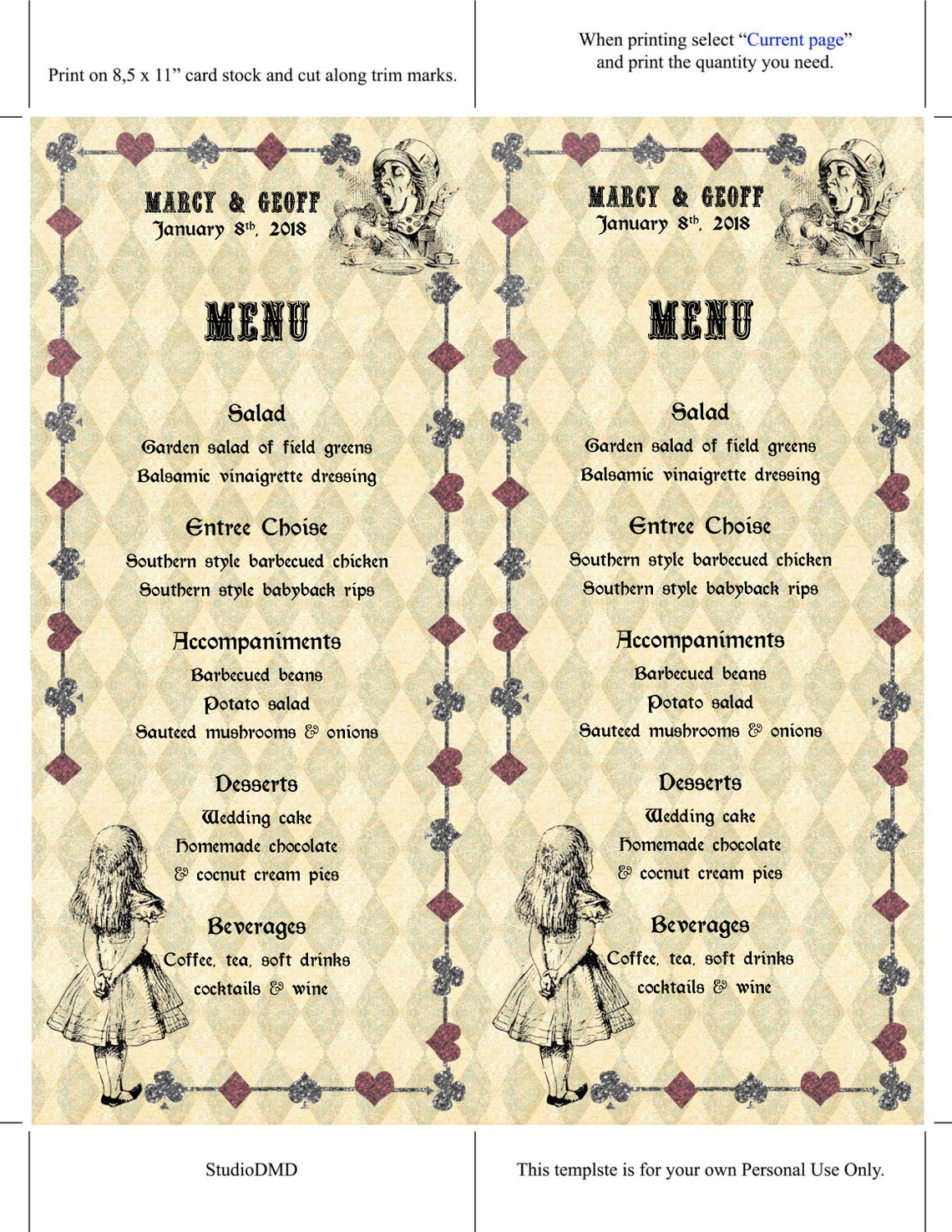 Printable Menu Card Template Alice in Wonderland Wedding - Etsy UK