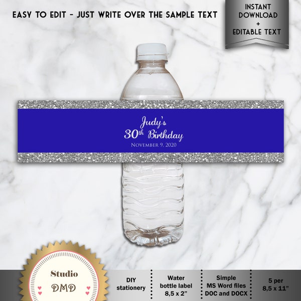 Printable Water Bottle Labels, Royal Blue Silver, Party Favors, Birthday, Bridal Shower - Digital File, EDITABLE text, MS® Word Format, WB09