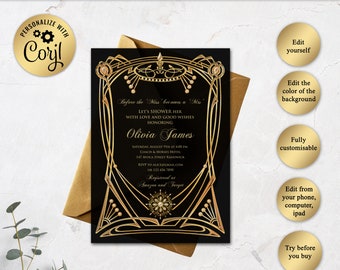 Great Gatsby Style Art Deco Bridal Shower Invitation, Roaring Twenties, 1920's, 20's Style, Black and Gold - Editable in Corjl, GG02