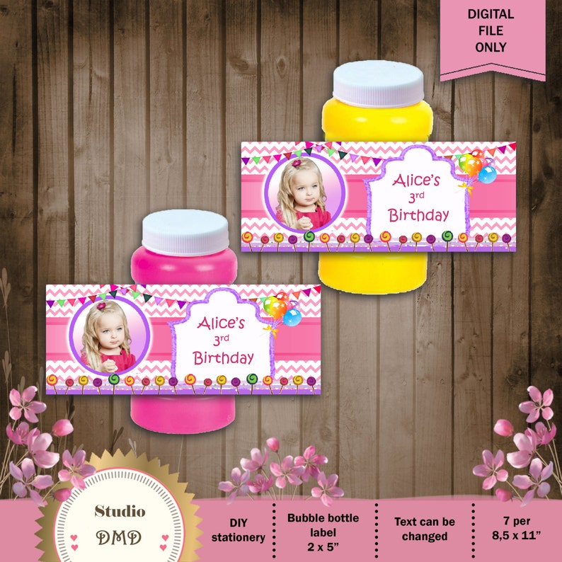 Birthday Party Favors \u2013 Digital file Personalized Bubble Bottle Labels With Photo Chevron Pink
