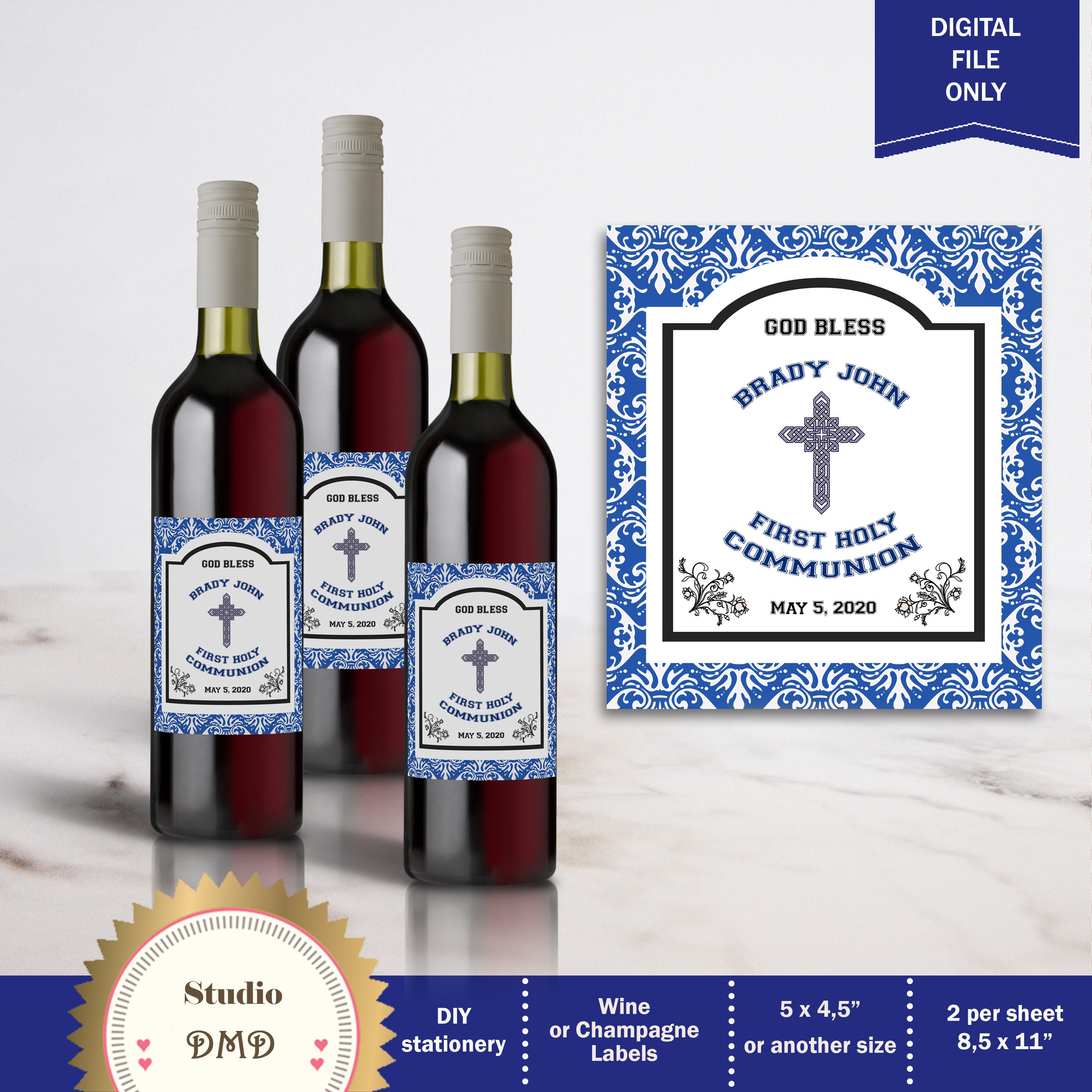 Etiquetas de botella de vino personalizadas, primera comunión de la santa  comunión del azul del niño archivo DIGITAL, imprimible, FC01 -  México