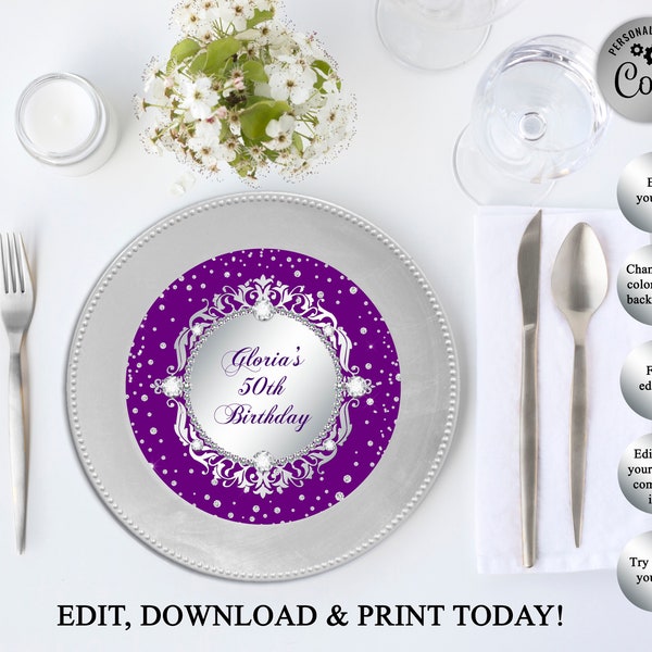 Printable Charger Plate Insert Or Centerpiece, Purple And Silver, Diamonds, 30th 40th 50th 60th, Instant DOWNLOAD, EDITABLE In Corjl, AB01