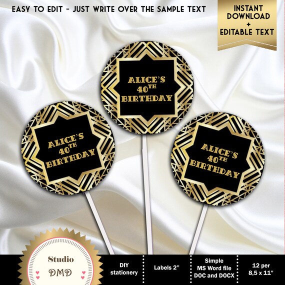 Great Gatsby Art Deco Cupcake Toppers Stickers Labels Black | Etsy UK