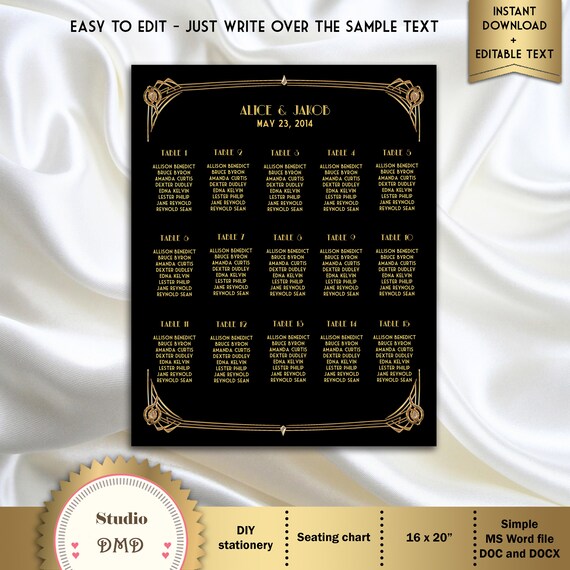 Art Deco Great Gatsby Inspired Microsoft\u00ae Word Format Black and Gold GG01 Wedding Seating Chart EDITABLE TEXT DOWNLOAD Instantly