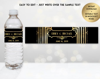 Great Gatsby Style Art Deco Water Bottle Labels, Mariage, Anniversaire - TÉLÉCHARGER Instantanément, TEXTE MODIFIABLE, Microsoft® Word Format, GG01