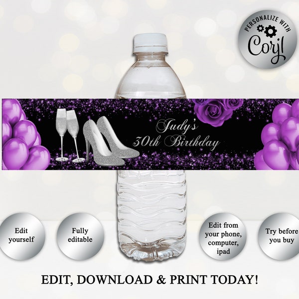 Printable Water Bottle Labels, High Heels, Birthday Printables, Purple And Silver, 40th 50th, Instant DOWNLOAD, EDITABLE In Corjl, WB04