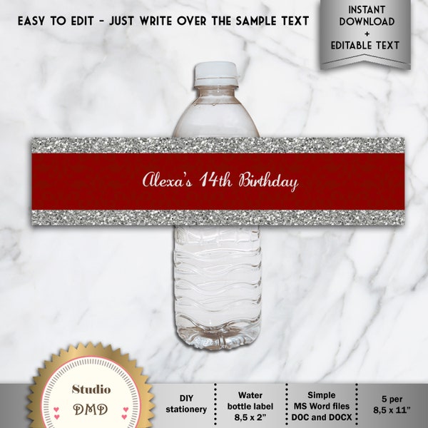 Printable Water Bottle Labels, Red, Silver, Baby Shower, Birthday, Bridal Shower - Digital File, EDITABLE text, MS® Word Format, WB12