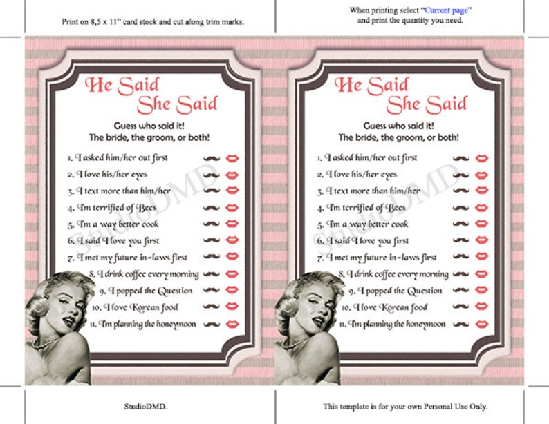 Printable Bridal Shower Game Set Vintage Hollywood Bridal Etsy
