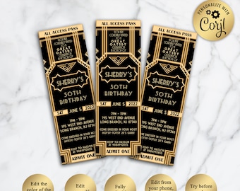 Great Gatsby Style Art Deco Birthday Party Invitation, Black and Gold, 21st 30th 40th 50th 60th 70th 80th 90th - Editable in Corjl, GG01